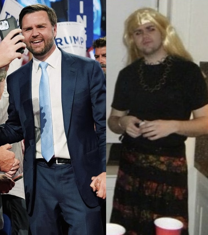 JD Vance says drag should be banned. By extension, should JD Vance himself not be banned? Here is JD Vance in a bright blonde wig and slightly more makeup than usual. He is not serving lewks